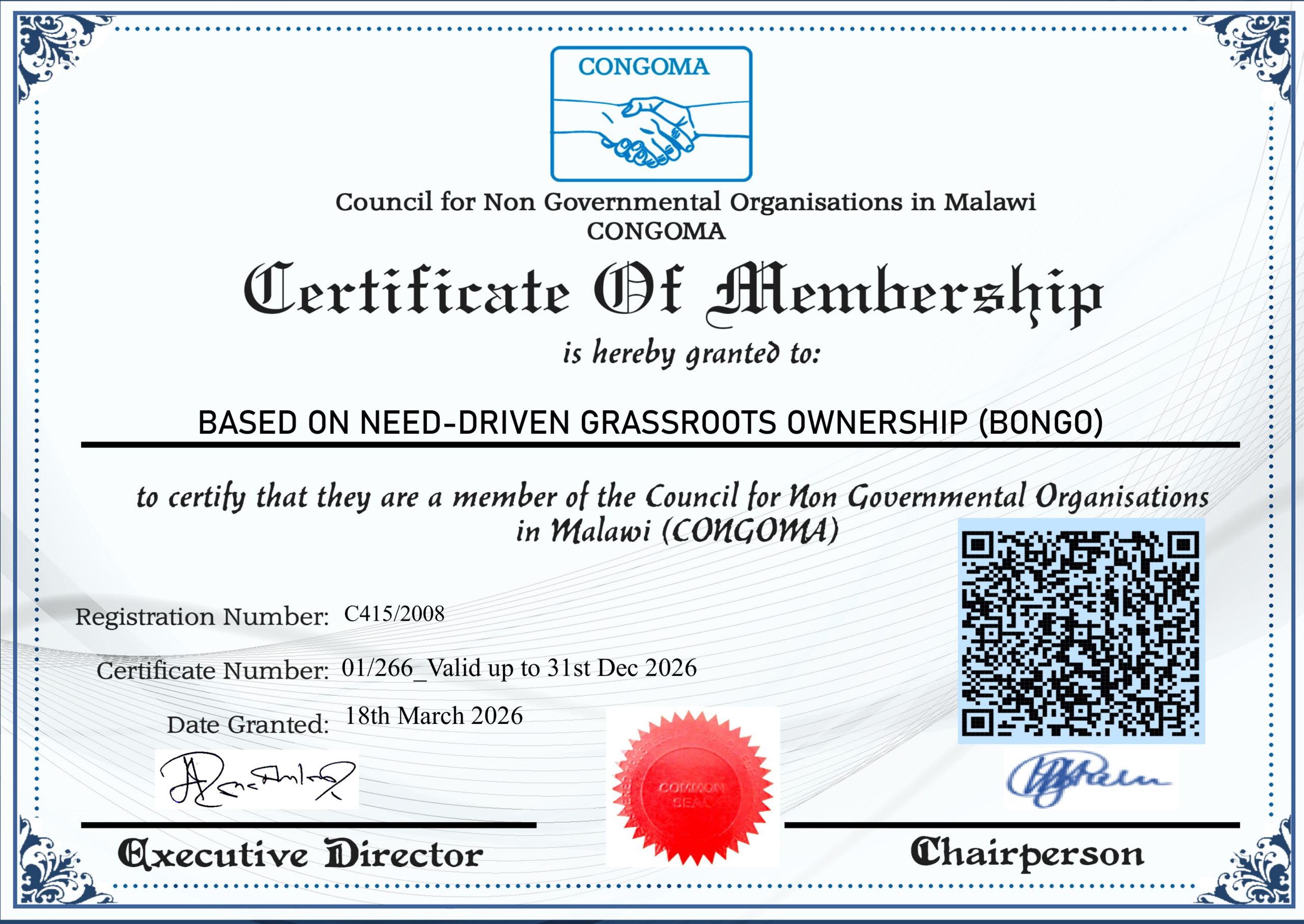 The Council for Non-Governmental Organizations of Malawi certificate granted to boNGO Worldwide